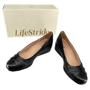 LifeStride Jorie Black Wide Low Wedge Arch Support Comfort Shoes 7.5W NIB